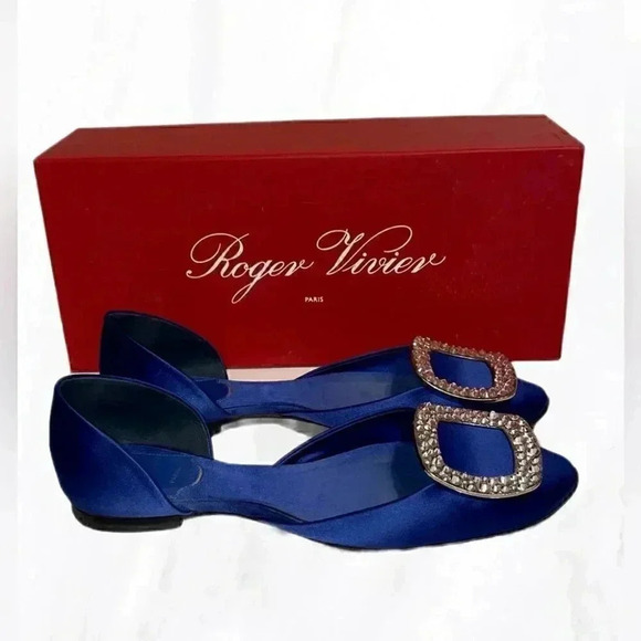 Roger Vivier Navy Satin Crystal Buckle Ballet Flats | EU 35.5 (Fits 36.5) - Picture 3 of 6